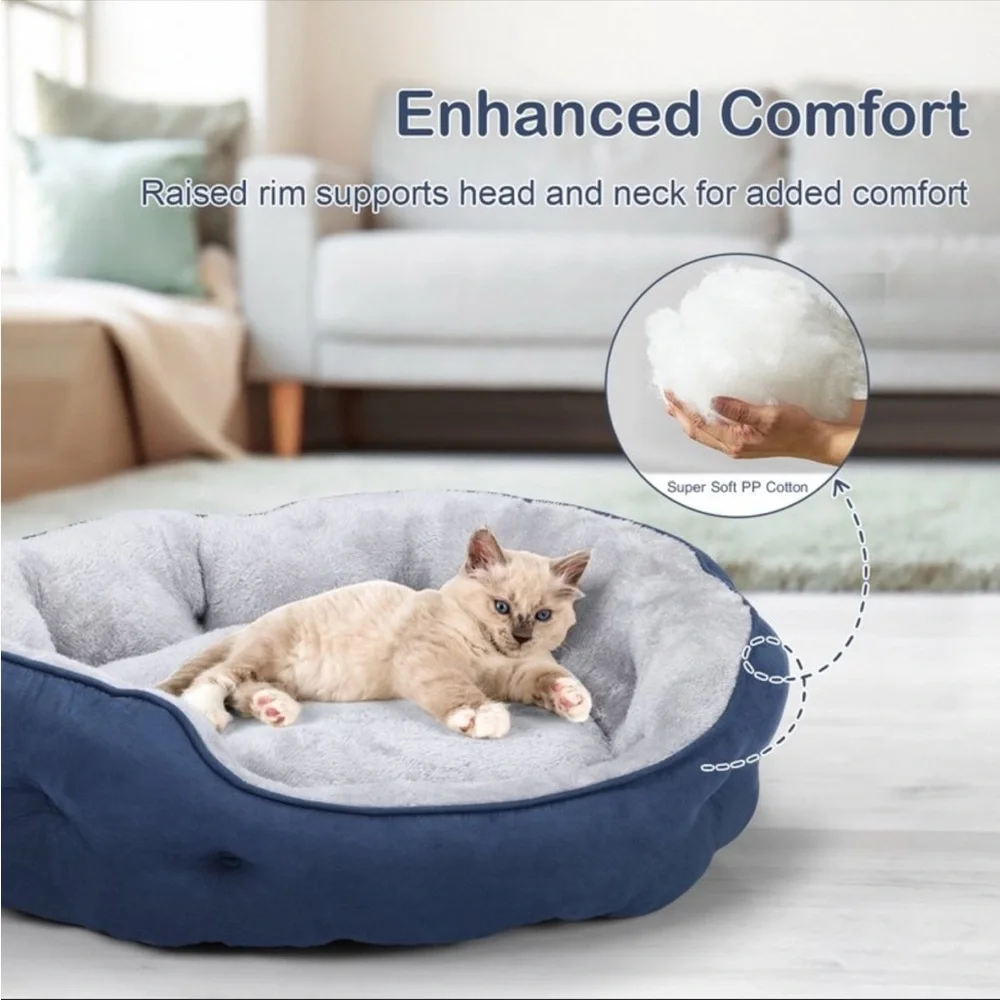 PureWags Navy & Gray 20 Inch Round Washable Cat Bed with Non-Slip Base